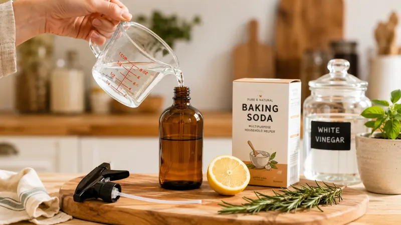 A hand pouring vinegar from a measuring cup into an amber glass spray bottle, with baking soda, a halved lemon, and rosemary on a wooden cutting board