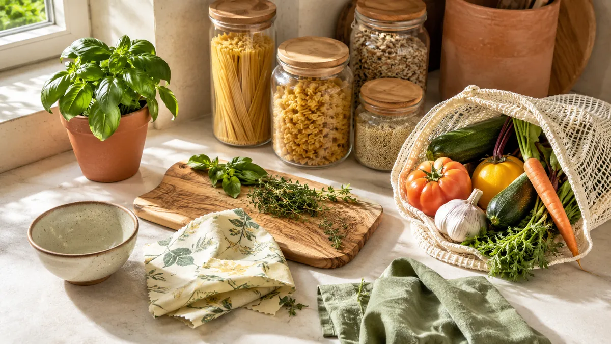 Sustainable kitchen with glass jars, reusable wraps, and fresh vegetables