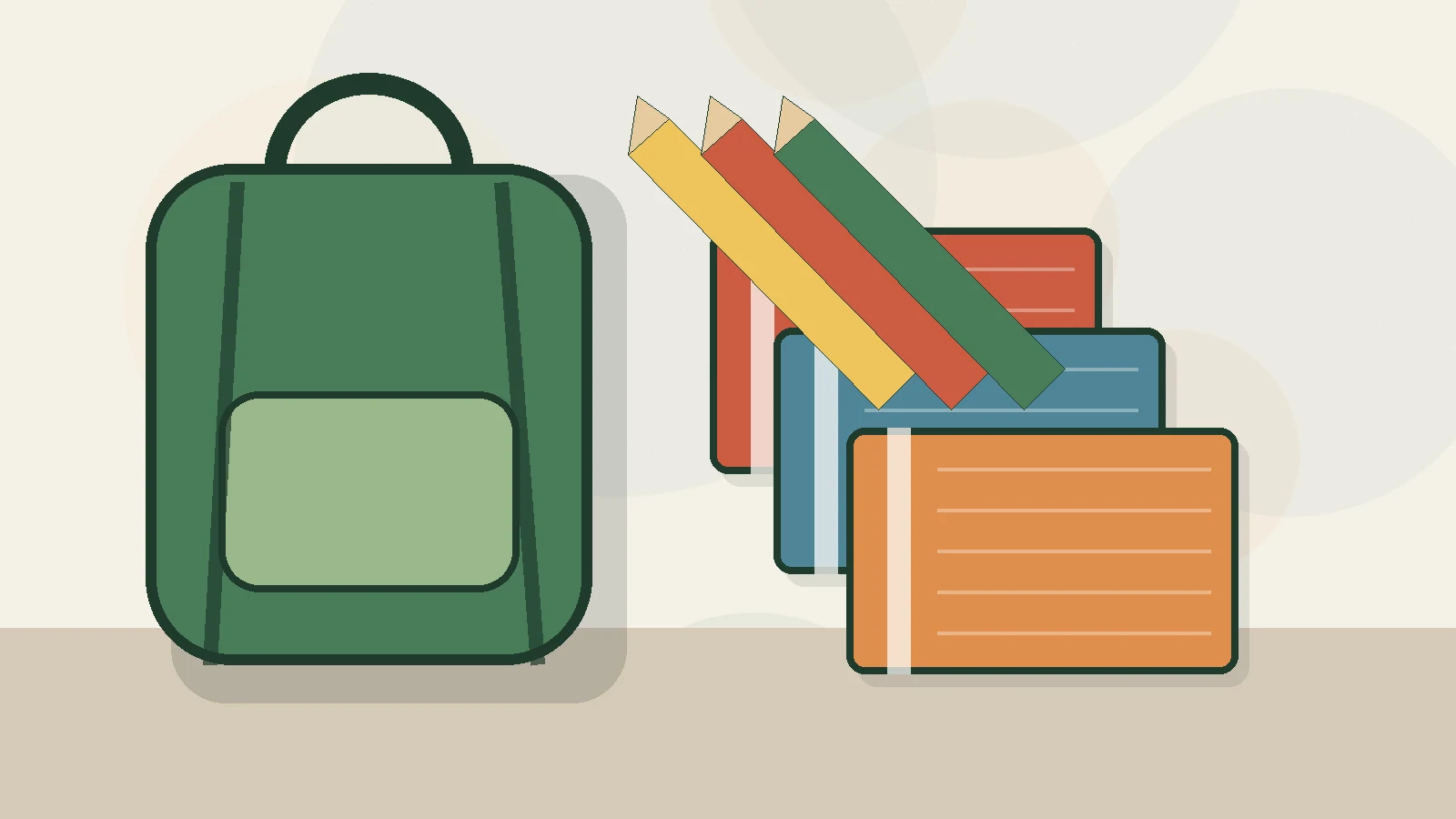 Editorial illustration of a backpack, notebooks, pencils, and reusable school supplies arranged for an inventory