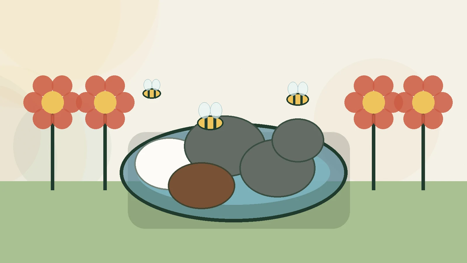 Editorial illustration of bees landing on stones in a shallow garden water dish