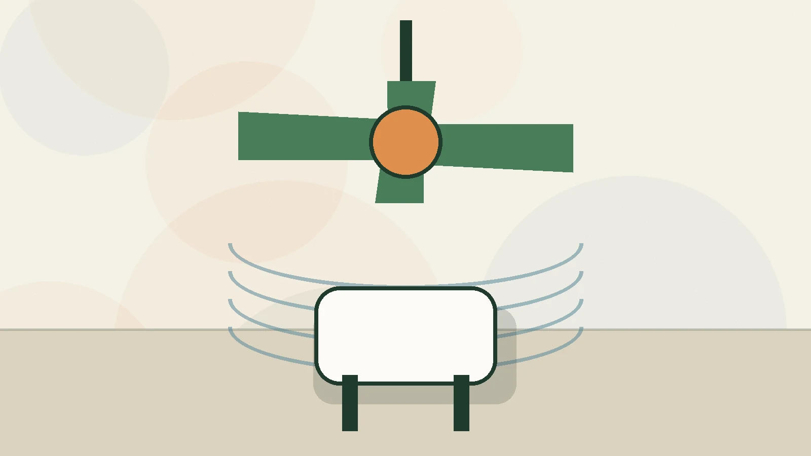 Editorial illustration of a ceiling fan moving air above a chair in a warm summer room