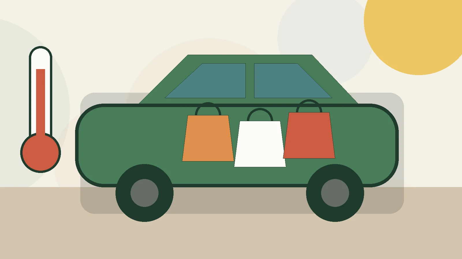 Editorial illustration of grocery bags and a cooler inside a car under a bright summer sun