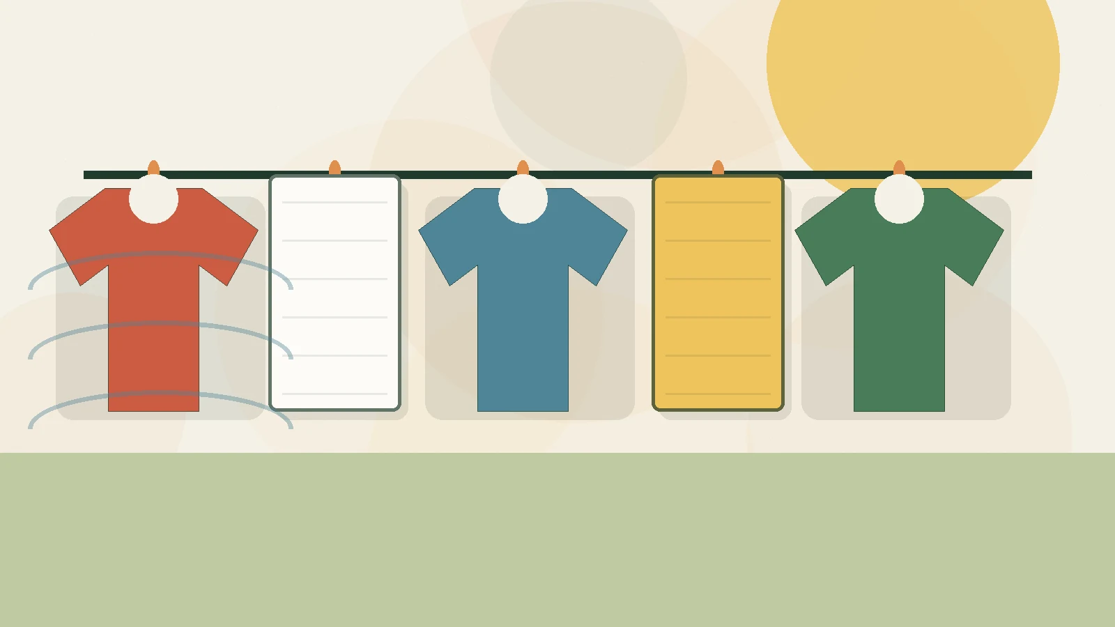 Editorial illustration of shirts and towels drying on a clothesline in warm summer air