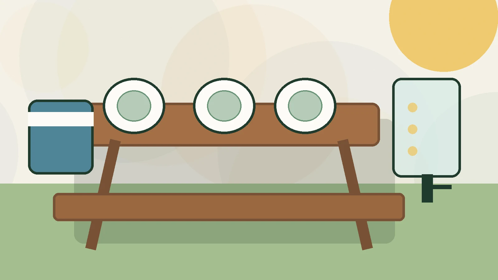 Editorial illustration of a summer picnic table with reusable plates, a drink dispenser, and a cooler