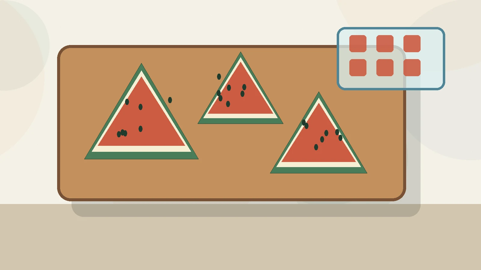 Editorial illustration of watermelon wedges, frozen cubes, and pale rind prepared on a kitchen counter