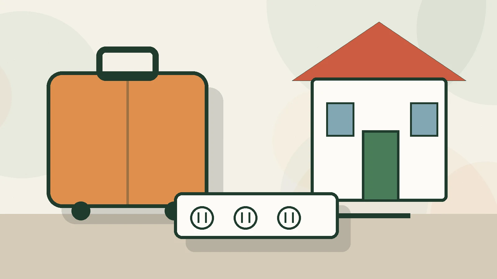 Editorial illustration of a packed suitcase beside a power strip and a quiet house