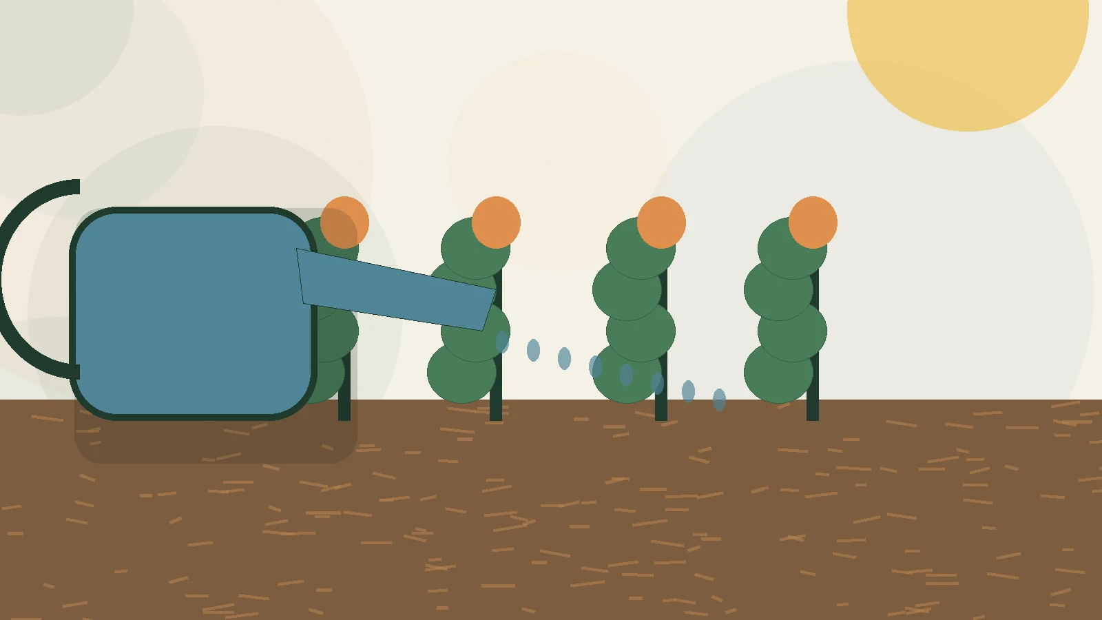 Editorial illustration of a watering can soaking garden soil beneath mulched summer plants